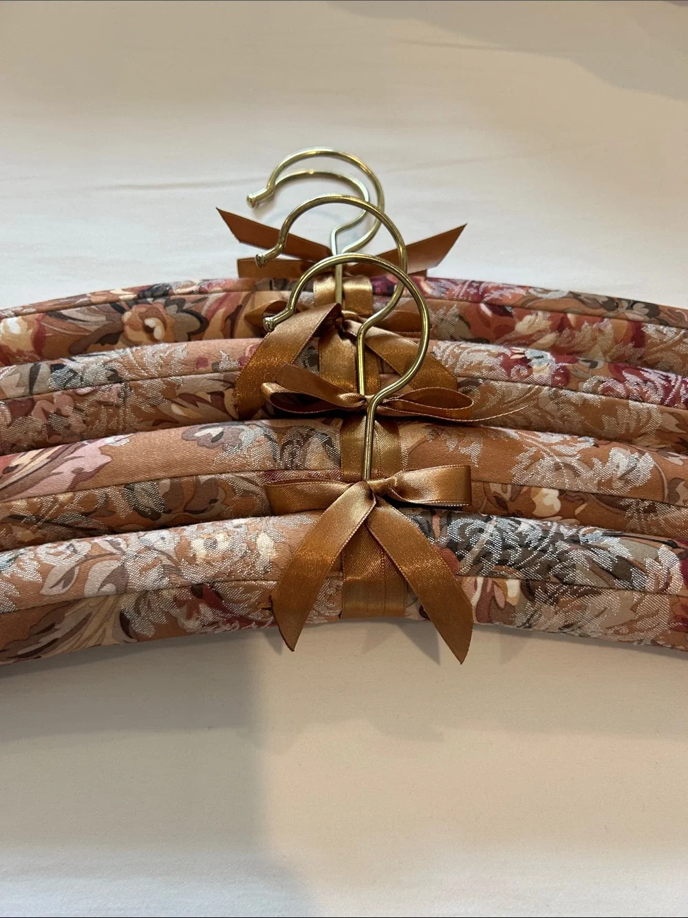 Set of 4 Padded Floral Fabric Hangers in Warm Tan/Brown